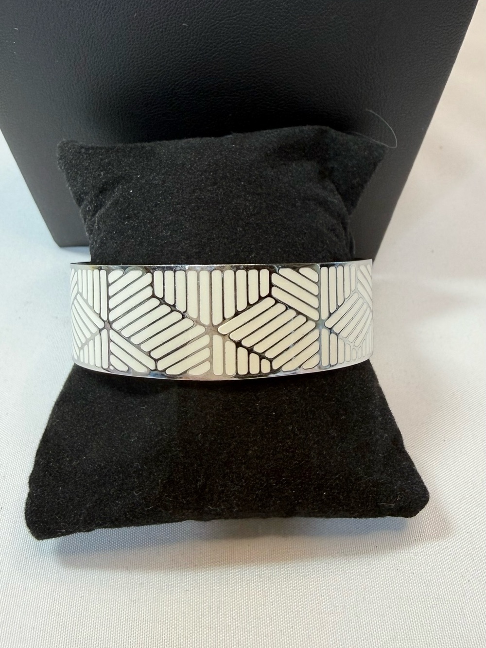Rustic Cuff Becca Silver & White Geometric Enamel Cuff Bracelet Art Decco 6.75”